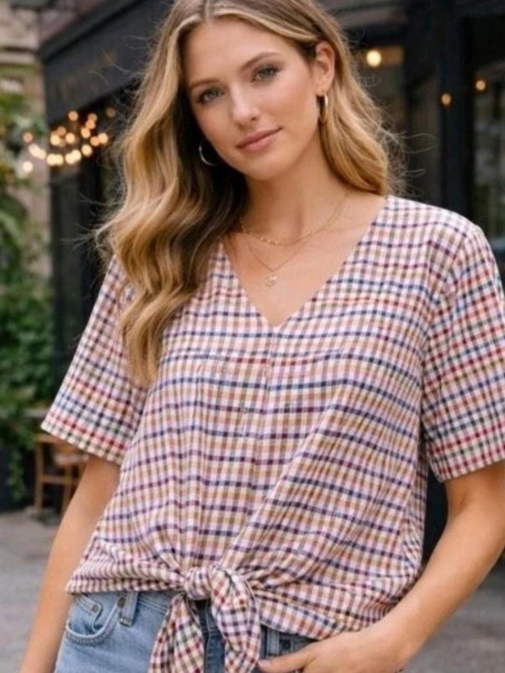 Madewell Novel Tie-Front Top in Rainbow Gingham Check